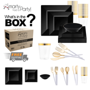 A product display image showcases the Black Square Disposable Plastic Tableware Set, featuring square plates, dinner plates, gold-rimmed cups, bowls, square platters in black, and gold accent utensils. The text reads "What's in the BOX?" with a shipping box labeled "Smarty had a Party!" along with a "FREE SHIPPING" graphic.