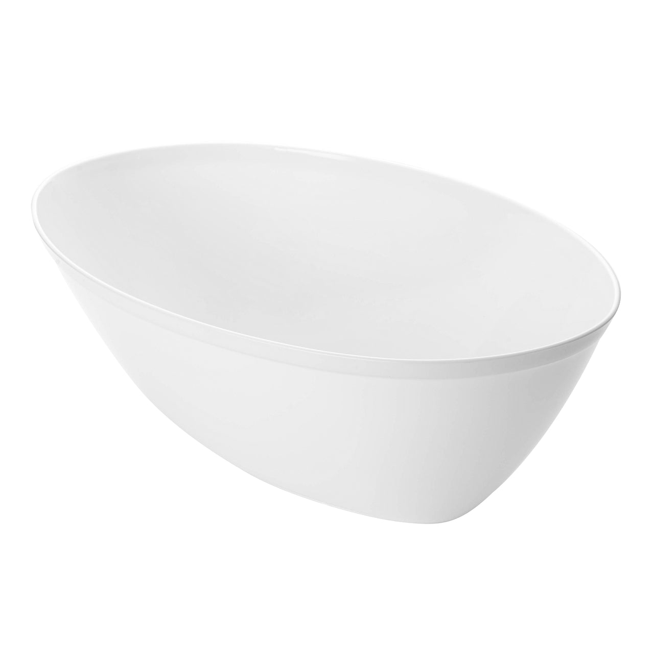 The White Oval Plastic Serving Bowl (2 qt.) features smooth, clean lines and a modern, minimalist design. It is BPA-free and displayed on a white background.