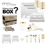 A promotional image for "Smarty had a Party" showcasing the White Square Disposable Plastic Tableware Set in white and gold. Items include square dinner plates, salad plates, bowls, cups, and an array of gold cutlery. The image poses the question, "What's in the box?" with a box labeled "Free Shipping" prominently visible.