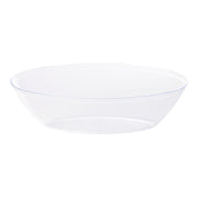 A clear, shallow, oval plastic serving bowl with smooth edges, viewed from a slight angle. The bowl has a simple and minimalist design. With its 2-quart capacity, the plain white background highlights the transparency and curved shape of the bowl perfectly.