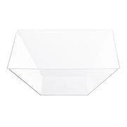 A Kaya Collection Clear Square Plastic Serving Bowl (3 qt.), featuring a flat bottom and slightly flared sides, is shown against a white background. The transparent, disposable bowl is empty, allowing the background to be visible through it.