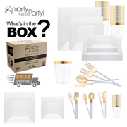 A promotional image for Smarty's Clear Square Disposable Plastic Tableware Set. It includes white and gold plastic cups, white square dinner plates, white salad plates, and gold and white cutlery. The set features a "free shipping" icon and a cardboard box labeled "Smarty Had a Party!.