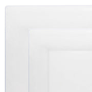 Two plates from the Clear Square Plastic Dinnerware Value Set are layered, one on top of the other. The smaller, white plate is slightly to the right of the larger one underneath, both featuring a glossy finish that highlights their elegant design and high-quality plastic construction.