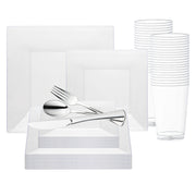 The Clear Square Plastic Wedding Value Set includes disposable dinnerware such as square white plastic plates of various sizes, clear plastic cups stacked in two columns, and BPA-free utensils—knife, spoon, and fork—arranged on one of the plates.