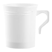 The 8 oz. White with Silver Edge Rim Round Plastic Coffee Mug, featuring a handle on the right side, includes two parallel horizontal lines etched near the top, adding a subtle decorative element typically found in white coffee mugs.