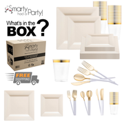 An image displaying a set of the Ivory Square Disposable Plastic Tableware Set, including beige dinner plates and salad plates, gold and white cutlery, and plastic cups with gold rims. There is also a cardboard box labeled "Smarty had a party" along with text indicating "What's in the BOX?" and "Free Shipping".