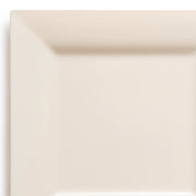 A close-up view of a Kaya Collection Ivory Square Plastic Dinner Plate (9.5") with a shallow rim, set on a white background. The disposable dinner plate features a smooth surface and clean, minimalist design.