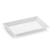 A silver rectangular plastic dessert plate, measuring 5.5 by 8.5 inches, with slightly raised edges, positioned at a slight angle against a plain white background. The plate features a clean and minimalist design reminiscent of elegant ceramic plates.