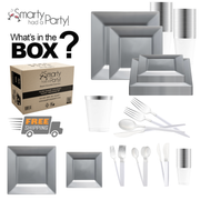 A promotional image showcasing the Silver Square Disposable Plastic Tableware Set, including dinner plates, bowls, and cutlery (forks, spoons, knives), along with a cardboard box featuring "Smarty Had a Party!" branding. Text reads, "What's in the BOX?" and "FREE SHIPPING".