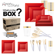 An image showcasing products from Smarty Had a Party features the Red Square Disposable Plastic Tableware Set. The items include red square plates, clear plastic cups with gold rims, various gold and white plastic utensils, and elegant dinner plates. The text reads "What's in the BOX?" and "FREE SHIPPING." A cardboard box is also depicted.