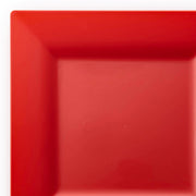 A close-up image of a Red Square Plastic Dinner Plate (9.5") from the Kaya Collection, featuring a glossy finish. The plate, part of an elegant disposable dinnerware collection, is set against a white background with the focus on the upper left corner, highlighting its vibrant red color and smooth texture.