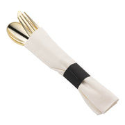 The Gold Plastic Cutlery in White Napkin Rolls Set includes a neatly rolled white napkin, containing a fork, knife, and spoon, all secured with a black band. This elegant presentation is perfect for wedding party tableware or a formal dining setting.