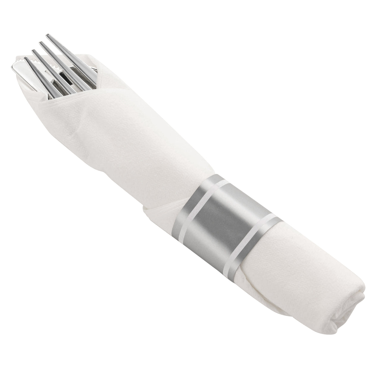 A neatly rolled white napkin holds an elegant set of silver plastic cutlery, including a fork, knife, and spoon. The napkin is secured with one of the paper rings from the Silver Plastic Cutlery in White Napkin Rolls Set, which includes 10 napkins, 10 forks, 10 knives, 10 spoons, and 10 gray-and-white striped paper rings.