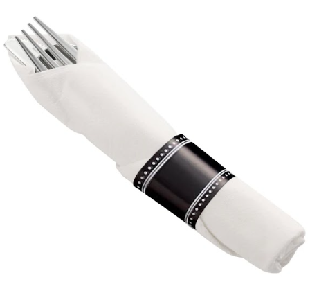 Silver Plastic Cutlery in White Napkin Rolls Set - 10 Napkins, 10 Forks, 10 Knives, 10 Spoons and 10 Paper Rings