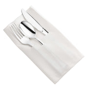 A neatly folded white pocket napkin containing a shiny plastic silver fork, knife, and spoon is placed side by side. The utensils are clean and polished, ready for a meal—a perfect touch for a wedding table setting with the Silver Plastic Cutlery in White Pocket Napkin Set.