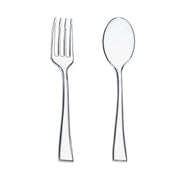 A simple illustration of clear, disposable plastic fork and spoon from the Kaya Collection's mini flatware set. The fork, on the left, has four tines and a straight handle, while the spoon, on the right, has an oval-shaped bowl and a matching straight handle. Both utensils boast a sleek, minimalist design.