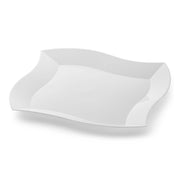 The White Wave Plastic Appetizer/Salad Plates (7") are white, square plates with a slight wave pattern along the edges. The design is minimalist and modern, featuring a glossy finish. These plates have a shallow depth and smooth surface, making them suitable for serving food or as an elegant alternative to disposable plates for special occasions.