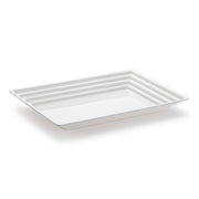 The Kaya Collection 9" x 13" White Rectangular with Groove Rim Plastic Serving Tray is shown against a plain white background. The sleek design features raised, tiered edges and horizontal ridges around the perimeter, adding a touch of modern style—perfect as party decor with its elegant aesthetics.