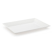 The Kaya Collection 11" x 16" White Rectangular Plastic Serving Tray features a sleek and glossy finish with a groove rim along the edges. Its clean, minimalist design makes it perfect for serving a variety of dishes, offering a stylish alternative to disposable plastic trays. The tray is showcased against a plain white background.