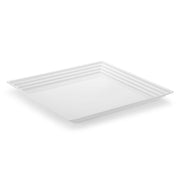 Against a white background, a Kaya Collection 16" x 16" White Square with Groove Rim Plastic Serving Tray is displayed. The tray features a minimalist design with subtle ridges along the edges and slightly upturned sides, giving it a sleek and modern look reminiscent of premium disposable trays.