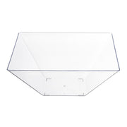 A clear square plastic serving bowl with angled sides and an open top, viewed from above. This elegant Clear Square Plastic Serving Bowl (4 qt.) is empty and placed against a white background, making it a versatile choice as wedding reception dinnerware.