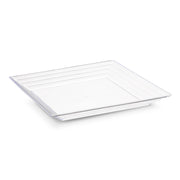 Introducing the Kaya Collection's 12" x 12" Clear Square with Groove Rim Plastic Serving Trays. These minimalist, clear plastic trays feature a sleek, square design with a slightly raised rim and thin, subtle horizontal lines etched into the sides for a simple yet elegant appearance. A perfect alternative to disposable plastic serving trays, the surface is smooth and reflective.