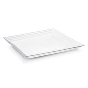 A 16" x 16" Clear Square with Groove Rim Plastic Serving Tray is displayed against a plain white background. The minimalist tray, reminiscent of classic square design plates, features neatly defined edges and a flat surface, with slightly raised grooves along the rim that add a subtle, elegant detail.