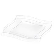 A clear, square Clear Wave Plastic Appetizer/Salad Plate (7") with wavy, curved edges is displayed against a white background. This elegant plate boasts a smooth, transparent surface and a slightly raised border.