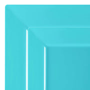 Close-up of a vibrant Sea Aqua Square Plastic Plate from the Dinnerware Value Set, showcasing its smooth, glossy finish and slightly beveled edges. The bright color and shiny surface are the standout features, similar to a high-end sea aqua picture frame's corner, with no visible contents on the plate.