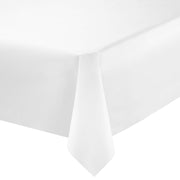 A close-up of a white fitted sheet neatly tucked over the corner of a mattress. The sheet appears smooth and crisp, reminiscent of the neatness often seen in fresh white disposable plastic tablecloths from Kaya Collection at parties, specifically their White Rectangular Disposable Plastic Tablecloths (54" x 108").