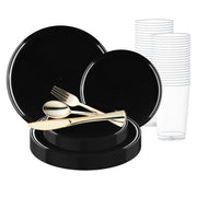 Introducing the Black Flat Round Disposable Plastic Wedding Value Set, a modern ensemble for complete meal service. This set features black plastic plates and bowls of various sizes, transparent cups, and gold-colored BPA-free spoons, forks, and knives.