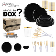 A box labeled "Black Flat Round Disposable Plastic Tableware Set" is surrounded by a sophisticated dining set, including black dinner plates, bowls, white cups with gold rims, and gold and white cutlery. The text "What's in the BOX?" is displayed at the top, accompanied by a "Free Shipping" graphic.