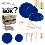 A promotional image by Smarty Had A Party showcasing their Solid Blue Flat Round Disposable Plastic Tableware Set. The set features solid blue plastic dinner plates in various sizes, clear cups with gold rims, and gold plastic cutlery with white handles. There’s a shipping box and a "Free Shipping" icon. Text reads, "What's in the box?