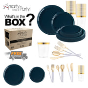 Displayed is the Navy Flat Round Disposable Plastic Tableware Set from Smarty Had a Party, featuring an assortment of navy blue dinner plates, salad plates, cups, and gold-handled utensils. Also included is a cardboard box with "Smarty Had a Party" branding and a "FREE SHIPPING" stamp. Text reads, "What's in the box?