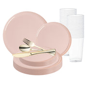 The Pink Flat Round Disposable Plastic Wedding Value Set, accommodating up to 120 guests, includes large and small light pink plates, gold-colored plastic cutlery (forks, spoons, and knives), as well as clear plastic cups. The set is meticulously organized to provide an elegant and cohesive design for special occasions or events.