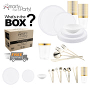 A promotional image showcasing the "White Flat Round Disposable Plastic Tableware Set" from "Smarty Had a Party," featuring plastic dinner plates, bowls, cups, and gold utensils. The box also displays a "Free Shipping" label. The text reads "What's in the Box?" with visuals of the included items.