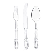 Introducing the Clear Baroque Disposable Plastic Cutlery Set from Kaya Collection. This elegant 60-piece set includes 20 forks, 20 knives, and 20 spoons. Each utensil features a sophisticated, beaded design along the handles, blending aesthetic appeal with practical use. Made from BPA-free materials, these disposable pieces ensure both safety and style while their clear design captures intricate details beautifully against any backdrop.