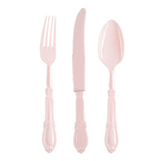 The Kaya Collection Pink Baroque Disposable Plastic Cutlery Set features an elegant trio of ornate-handled utensils, including a fork, knife, and spoon. These stylish pieces are aligned vertically side by side on a clean white background.