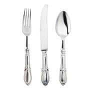 A set of three items from the Silver Baroque Disposable Plastic Cutlery Set by Kaya Collection laid out side by side, including a fork, knife, and spoon. Each piece features an ornate, detailed handle design with a polished, reflective surface.