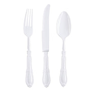 The Kaya Collection's White Baroque Disposable Plastic Cutlery Set, featuring 20 spoons, 20 forks, and 20 knives with decorative handles elegantly arranged side by side against a white background, is perfect for any wedding reception.