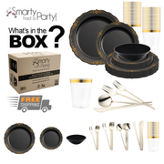 Image showing the contents of a box from Smarty Had A Party, featuring an elegant Black with Gold Vintage Disposable Plastic Tableware Set, including black and gold patterned plates, bowls, cups, and gold-colored utensils. Main text reads "What's in the BOX?" and an icon for free shipping is displayed next to the box.