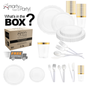 Image showcasing a variety of the Clear Vintage Disposable Plastic Tableware Set by Smarty had a party, featuring dinner plates, salad plates, clear cups, forks, knives, spoons, and napkins with elegant gold accents. A cardboard box labeled "Smarty had a Party!" displays the text "What’s in the BOX?" alongside a "Free Shipping" icon.