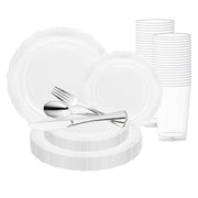 Introducing the Clear with Silver Vintage Rim Round Disposable Plastic Wedding Value Set by Smarty had a party. This BPA-free, disposable dinnerware set for 20 features elegant white plates, cups, and silver-colored cutlery. The simple design of the plates and cups beautifully complements the included fork, spoon, and knife. Neatly stacked for convenience, this set is perfect for gatherings or events.