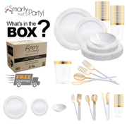 The image showcases a selection of tableware items, such as plates, bowls, cups, and utensils, all adorned with gold accents and featuring elegant gold handles. A cardboard box labeled 'Smarty had a Party!' is displayed with the caption 'What's in the BOX?' alongside a 'Free Shipping' icon. This is part of the White with Gold Vintage Disposable Plastic Tableware Set from Smarty had a Party.