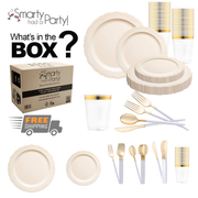 An image showcasing the "Ivory Vintage Disposable Plastic Tableware Set" from "Smarty had a Party!" features elegant ivory dinner plates with ornate edges, transparent cups adorned with gold rims, sophisticated gold and white cutlery including soup spoons, and a branded cardboard box displaying the company's logo along with the "Free Shipping" text.