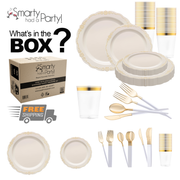 A collage showcasing the Ivory with Gold Vintage Disposable Plastic Tableware Set from Smarty Had A Party, featuring plates, cups, cutlery, and a box. The text reads "What's in the BOX?" and "FREE SHIPPING." The elegant dinner plates boast gold accents and ornate edges.