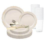 The "Ivory with Gold Vintage Rim Round Disposable Plastic Wedding Value Set" by Smarty had a party includes an elegant array of disposable dinnerware, featuring ivory plastic plates with gold trim, matching gold plastic cutlery (spoon, fork, knife), stacked plastic cups, and additional matching smaller plates. This service for 20 offers an upscale yet convenient dining setup.