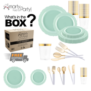 The "Smarty had a Party!" set of disposable partyware includes the Turquoise Vintage Disposable Plastic Tableware Set, featuring turquoise dinner plates in various sizes, gold-accented clear cups, and elegant gold and white disposable cutlery with stylish white handles. An illustration highlights free shipping, while text asks, "What's in the BOX?