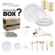 A White Vintage Disposable Plastic Tableware Set from Smarty Had a Party is displayed, featuring white and gold-rimmed dinner plates, cups, bowls, and gold flatware. An open box labeled "What's in the Box?" showcases free shipping with a truck icon and an assortment of service utensils neatly arranged.