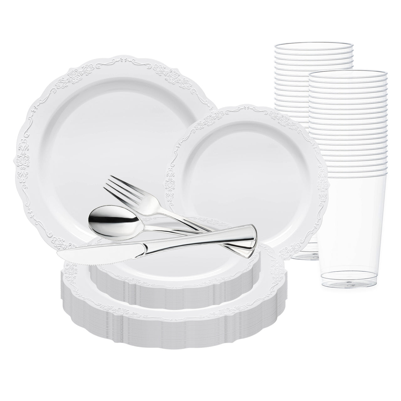 Introducing the White Vintage Round Disposable Plastic Wedding Value Set by Smarty had a party: This elegant collection of disposable tableware includes white plastic plates with ornate rims, clear plastic cups neatly stacked in two groups, and a coordinated set of silver-toned plastic utensils featuring a knife, fork, and spoon, all arranged in pristine order.